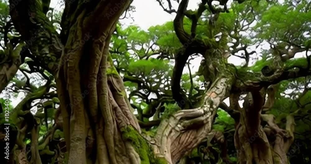 Explore the unique twisted trees in a mystical forest during a quiet afternoon stroll 