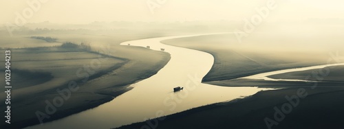 Serene River Landscape with Mist and Boats