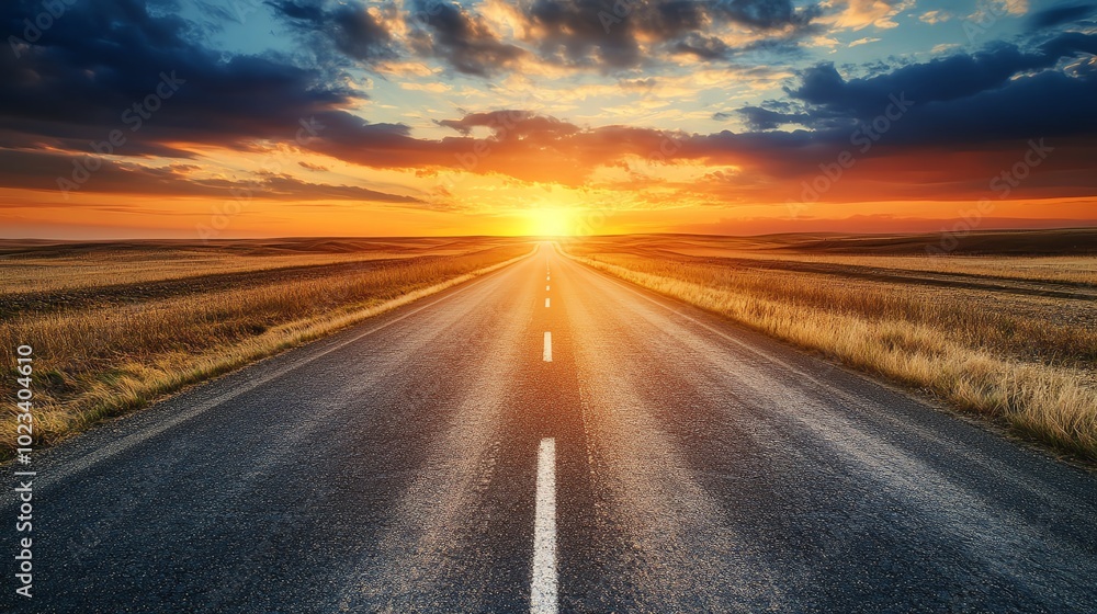 Naklejka premium Road leading towards a vibrant sunset