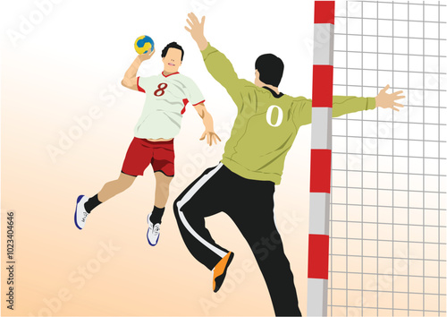 144-47-Professional handball player jumping and throwing ball during a professional handball match