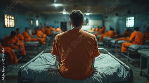 A lone prisoner sits on a bunk bed in a crowded prison cell, his back to the camera, reflecting on his situation.