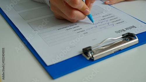 Woman doctor in white coat sitting at desk writing appointment, filling medical form documents about patient on clipboard, close up. Medical treatment concept.