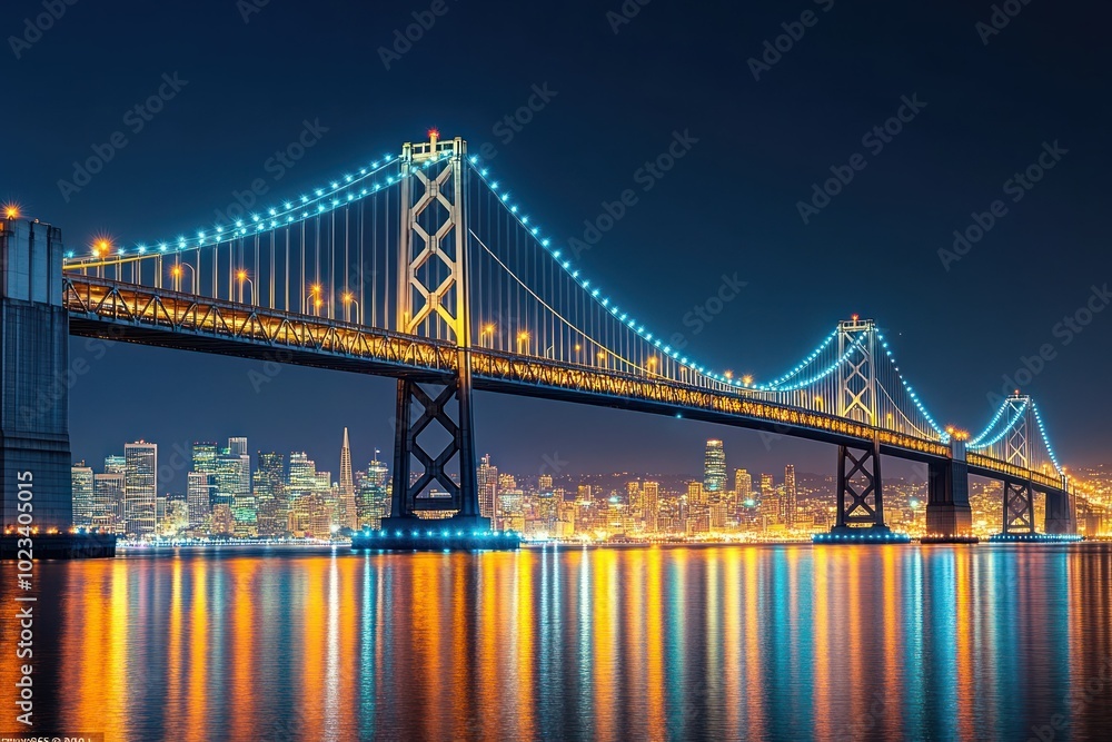 Illuminated Night View of the Bay Bridge with City Lights