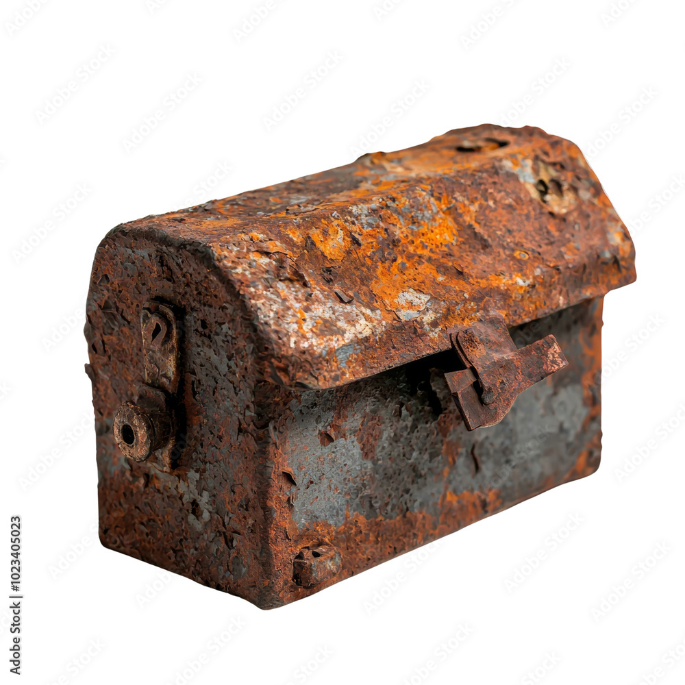 Close-up of an old, rusty metal box with a weathered appearance, isolated PNG transparent background. Close-up of an old, rusty metal box with a weathered appearance, isolated PNG transparent background.