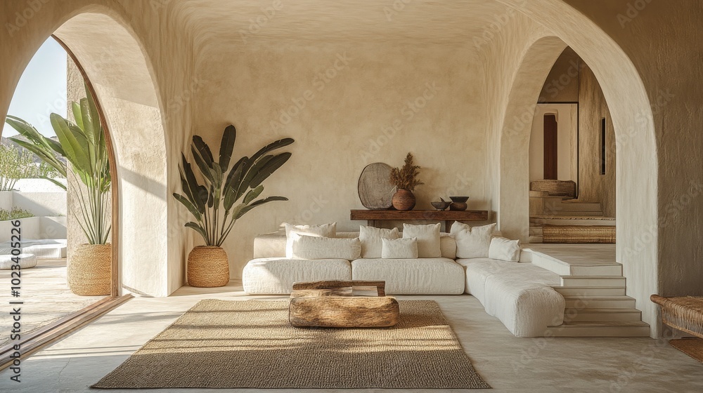 Boho, mediterranean interior design of modern home entryway, hall with ...