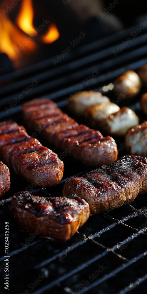 A grill with meat and vegetables on it. Scene is that of a barbecue party A grill with meat and vegetables on it. Scene is that of a barbecue party