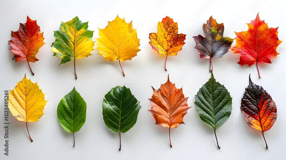 Obraz premium A row of leaves with different colors, including green, yellow, and brown