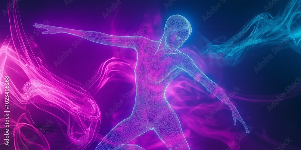 A person is depicted in a purple and blue background with a purple and blue arm. The person is in motion, possibly dancing or playing a sport. The image has a futuristic and energetic feel to it A person is depicted in a purple and blue background with a purple and blue arm. The person is in motion, possibly dancing or playing a sport. The image has a futuristic and energetic feel to it