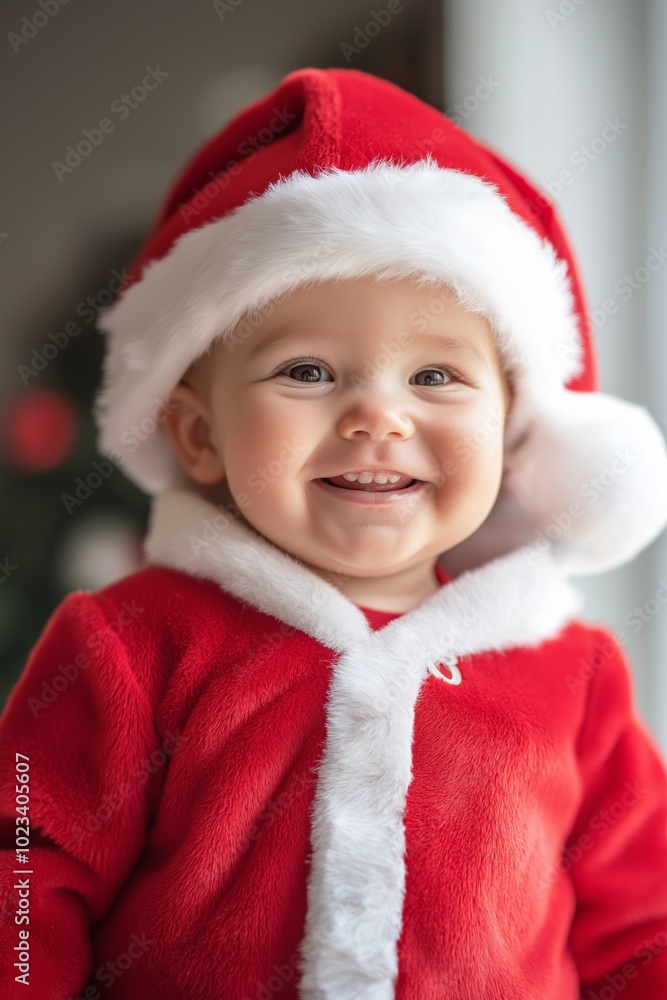 A baby wearing a red Santa hat and a red coat is smiling