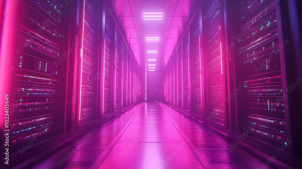 Neon Pink Server Room Corridor 3D Illustration Neon Pink Server Room Corridor 3D Illustration