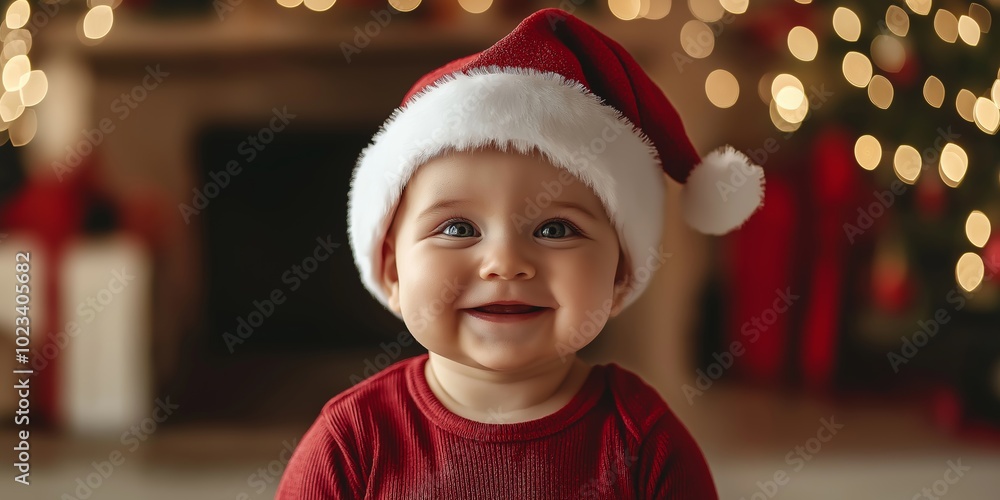 A baby wearing a red hat and a red shirt is smiling. The baby is wearing a Santa hat and is standing in front of a Christmas tree A baby wearing a red hat and a red shirt is smiling. The baby is wearing a Santa hat and is standing in front of a Christmas tree