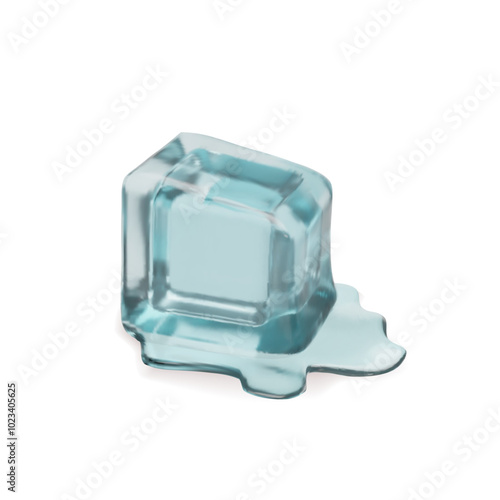 3d render melting ice cube. three dimensional vector illustration transparent clean frost liquid. Cool crystal for alcohol cocktail, drinks, beverage or soda. Freezing realistic blue rectangle element