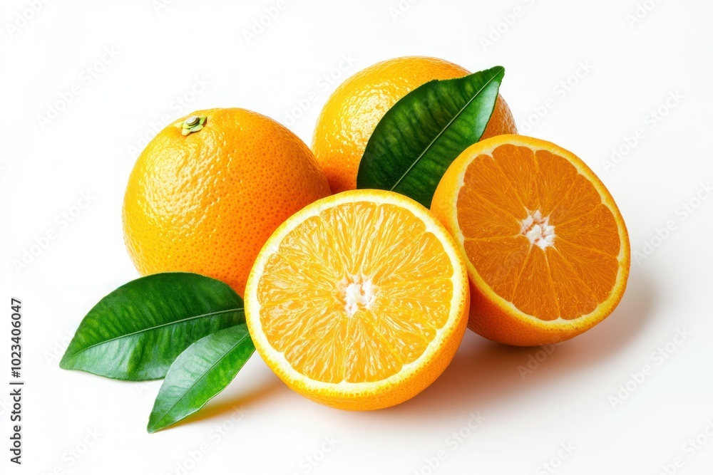 Fresh Oranges with Green Leaves on White Background Fresh Oranges with Green Leaves on White Background