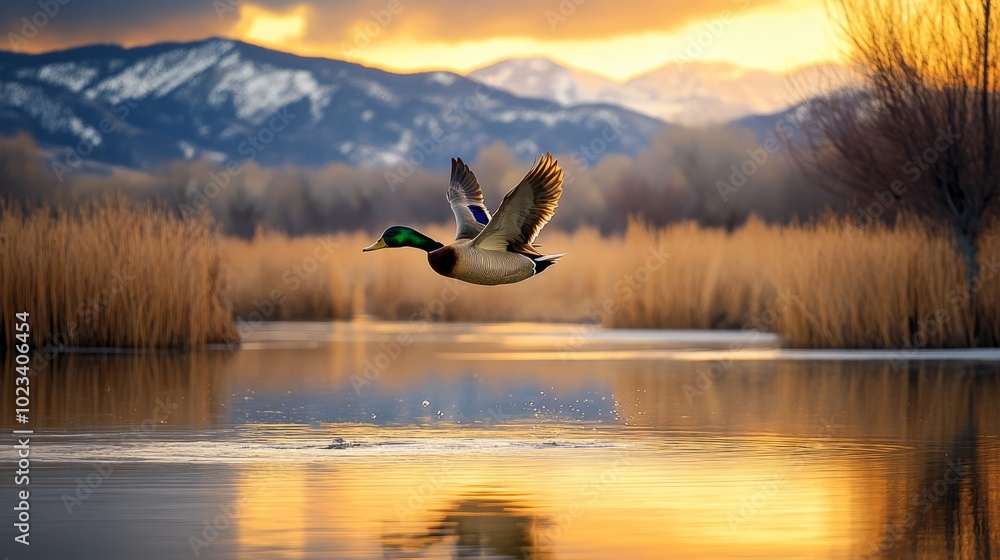 Duck in flight over a lake at sunset. Duck in flight over a lake at sunset.