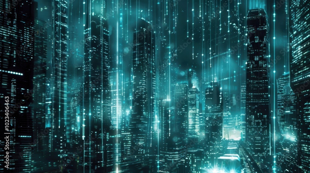 Futuristic Cityscape with Digital Rain Effect Futuristic Cityscape with Digital Rain Effect