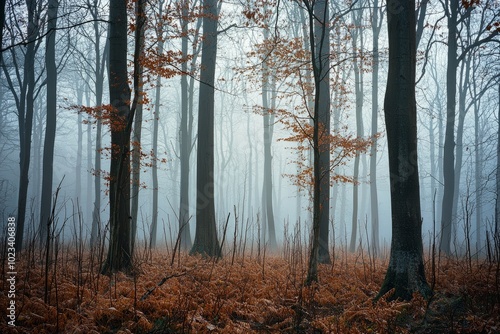 Misty forest with tall trees and brown leaves.