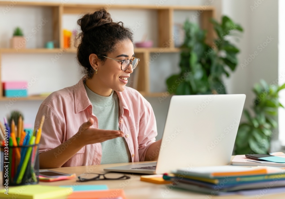 Smiling woman using laptop at her desk Smiling woman using laptop at her desk