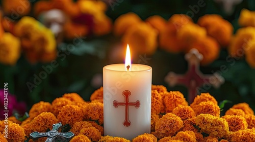 A lit candle surrounded by vibrant marigold flowers, symbolizing remembrance and celebration during a festive occasion.