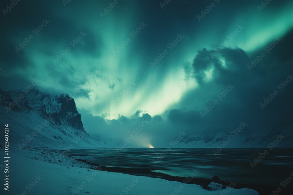 A mesmerizing display of the aurora borealis over a snowy mountain range. A mesmerizing display of the aurora borealis over a snowy mountain range.