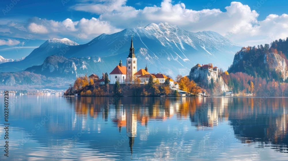 Fototapeta premium Picturesque Lake Bled with Medieval Castle and Mountain Backdrop in Idyllic Alpine Landscape Austria