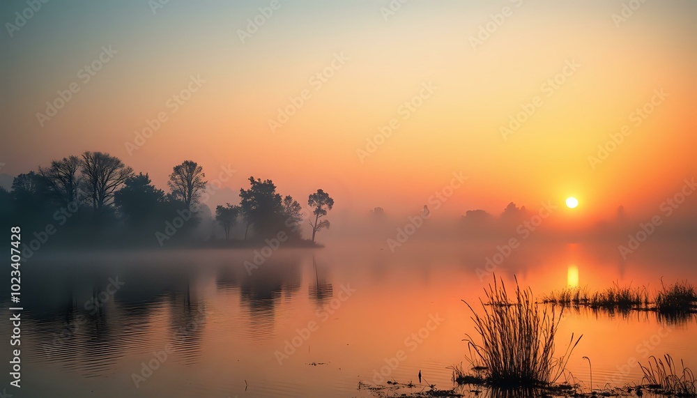 Obraz premium Serene Sunset Lake Reflections: Peaceful Evening Scene