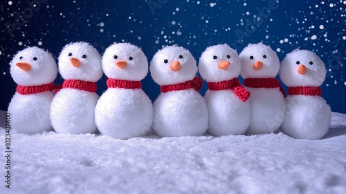 Wallpaper Mural A group of seven snowmen stand in a row, wearing red scarves and smiling in the snow. Torontodigital.ca