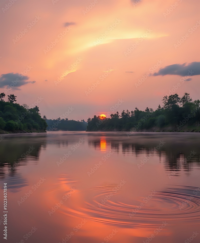 Naklejka premium Serene Sunset Over Tranquil Lake with Silhouetted Trees