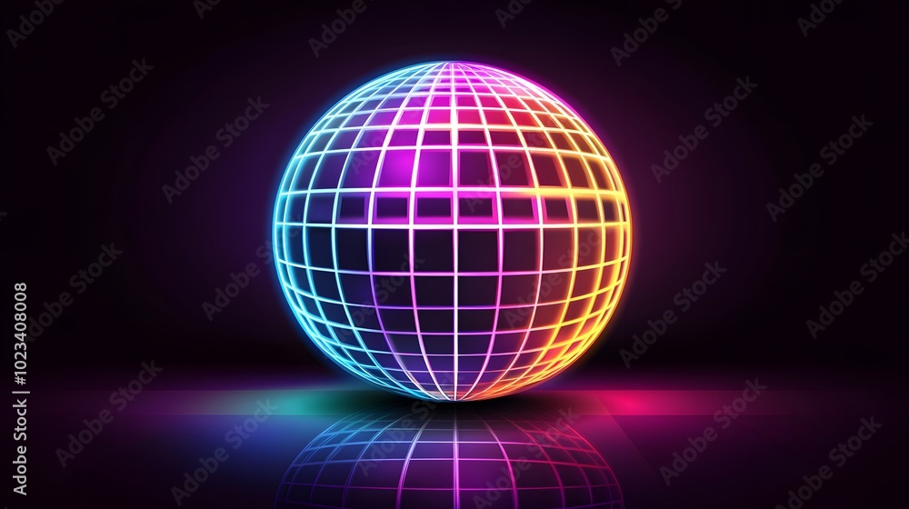 A neon rainbow disco ball glowing with vibrant colors on a black background A neon rainbow disco ball glowing with vibrant colors on a black background