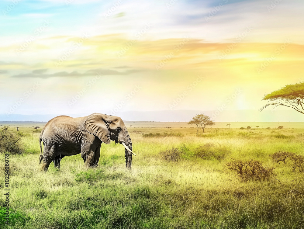 Fototapeta premium Big male elephant with great white ivory tusks on the tall-grass savannah