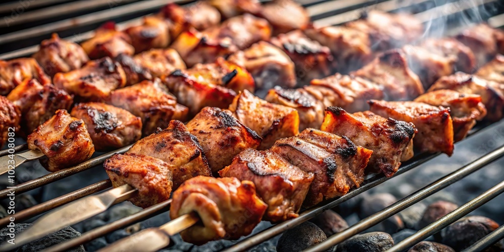 Grilled skewers of spiced meat on charcoal grill reflected Grilled skewers of spiced meat on charcoal grill reflected