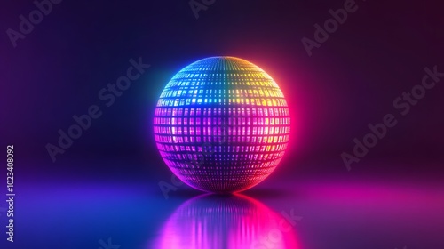 A neon rainbow disco ball glowing with vibrant colors on a black background