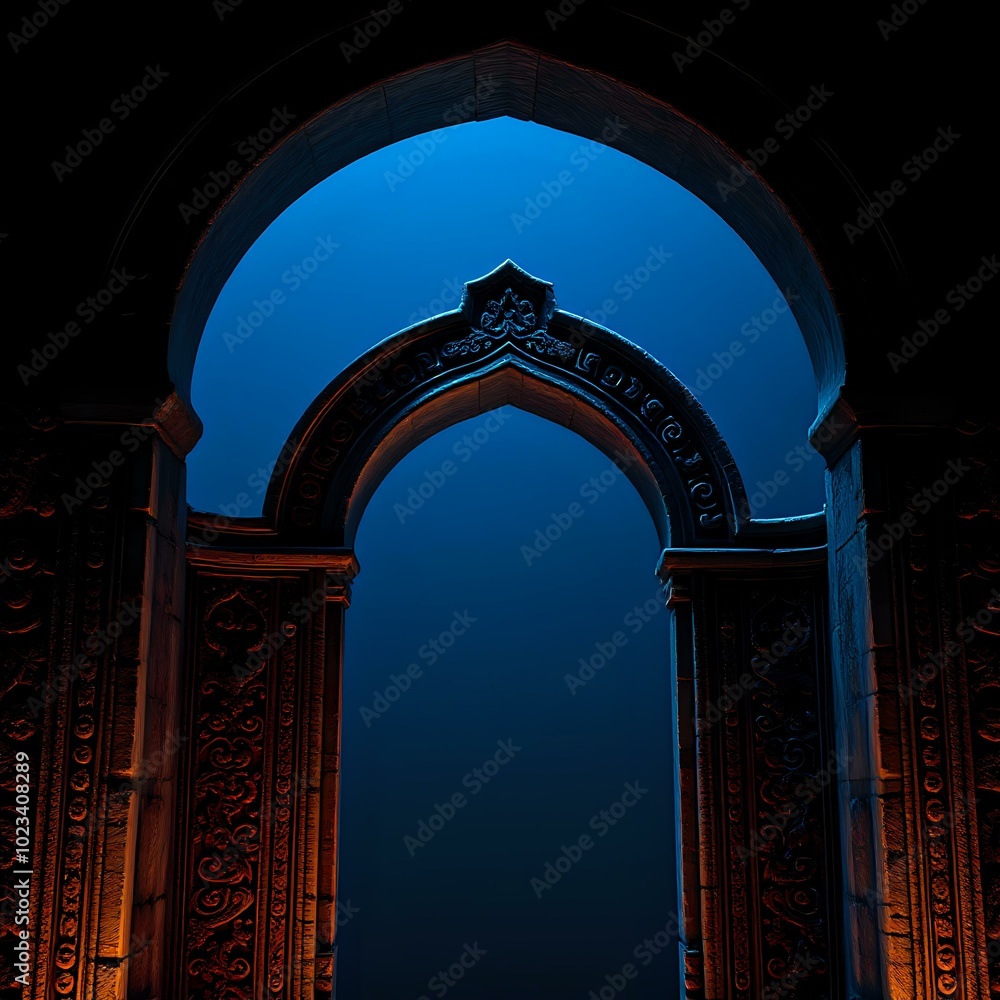 Luxurious Ornate Stone Archway with Warm Glow at Sunset Luxurious Ornate Stone Archway with Warm Glow at Sunset