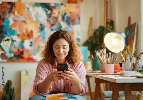 Wallpaper Mural Woman Using Mobile Phone in Art Studio Torontodigital.ca