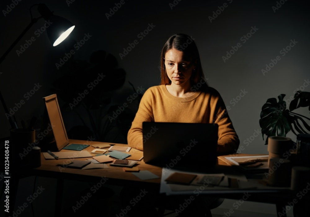 Woman Working Late at Night on Laptop Computer Woman Working Late at Night on Laptop Computer