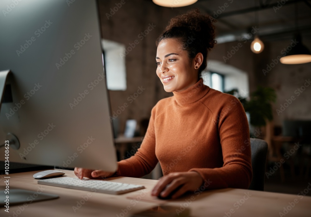 Fototapeta premium Woman Working on Computer at Desk