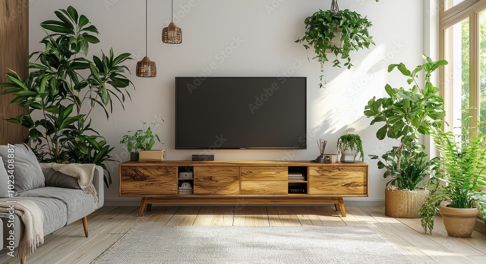 Modern living room interior with a wooden TV cabinet surrounded by lush green plants and cozy decor Modern living room interior with a wooden TV cabinet surrounded by lush green plants and cozy decor