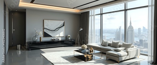 Modern Minimalist Living Room with City View - Luxury Interior Design