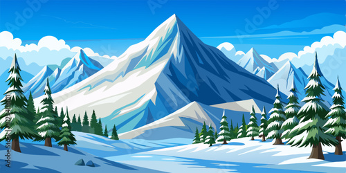 A serene winter landscape featuring a majestic mountain range covered in snow, with a forest of fir trees in the foreground, perfect for creating a peaceful and tranquil atmosphere.