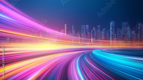 speeding train with a city skyline, motion blur, vibrant colors