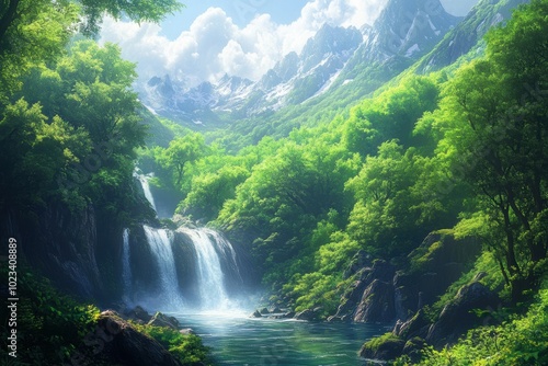 nature wilderness, verdant mountains with cascading waterfalls and untamed streams create a serene wild backdrop