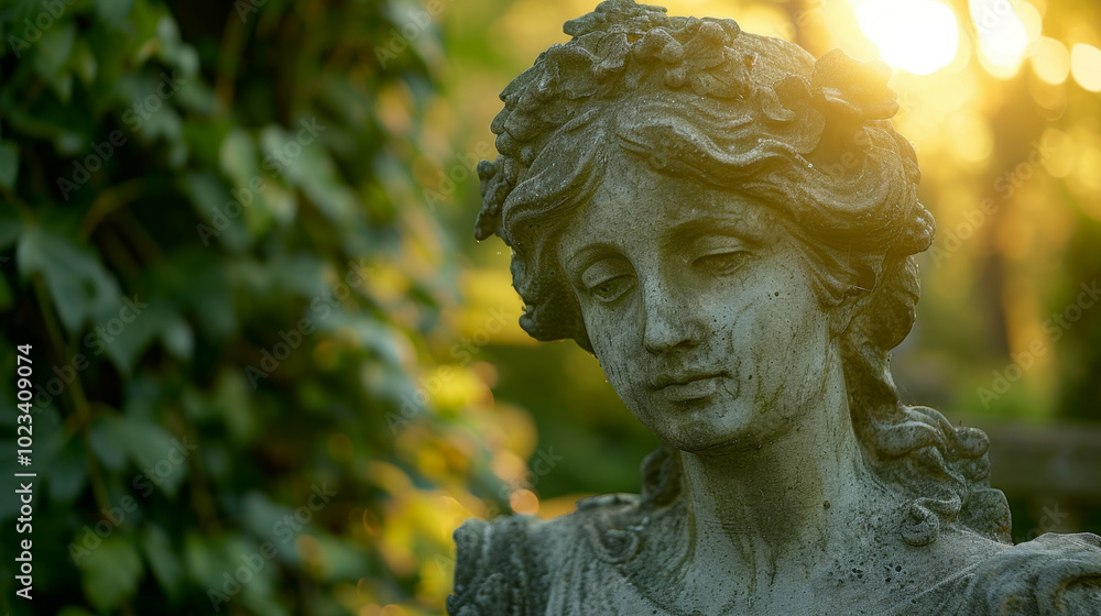 A statue of a woman is placed in a garden with trees behind A statue of a woman is placed in a garden with trees behind