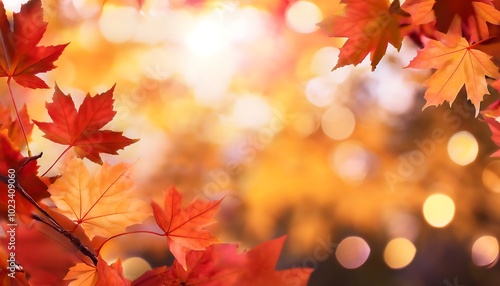 Vibrant red and yellow maple leaves adorn a dreamy autumn landscape during the fall season. Generative AI