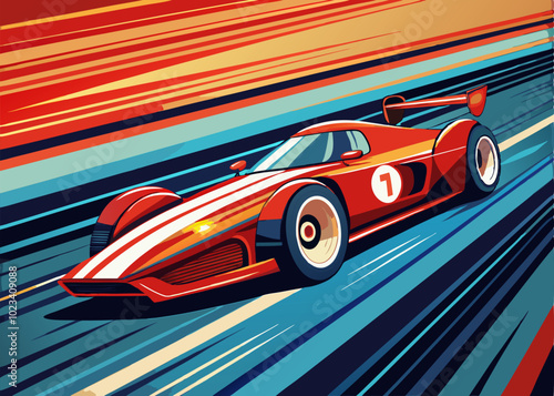 A dynamic illustration of a red race car speeding along a track, captured in a moment of exhilarating speed and motion. The bold colors and stylized design evoke a sense of adrenaline and power.