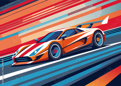 A sleek, orange and white sports car races across a dynamic, colorful abstract background. This vector illustration is perfect for any project that needs speed, energy, and a dash of style.