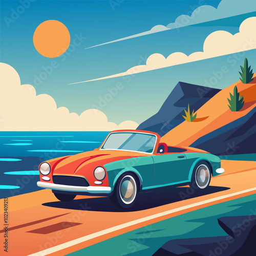 A classic convertible car drives along a coastal road, with the ocean and a bright sun in the background. This illustration evokes a sense of freedom and adventure, perfect for travel, summer.