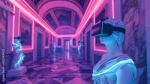 Digital Versailles corridor, neon-traced baroque paintings, holographic chandeliers, marble statues wearing virtual reality headsets, retrowave purple horizon, Windows 95 error message overlays