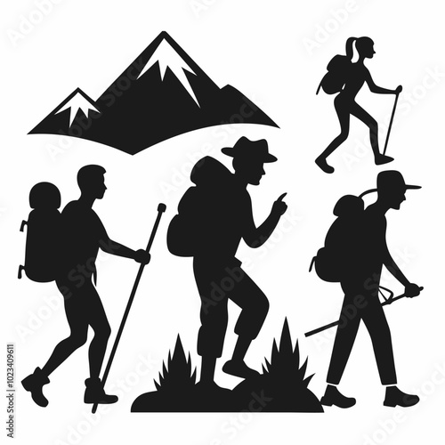 Silhouette illustration of four hikers enjoying a mountain adventure.  The group is  equipped with backpacks, trekking poles and mountain gear, ready to conquer the peaks.