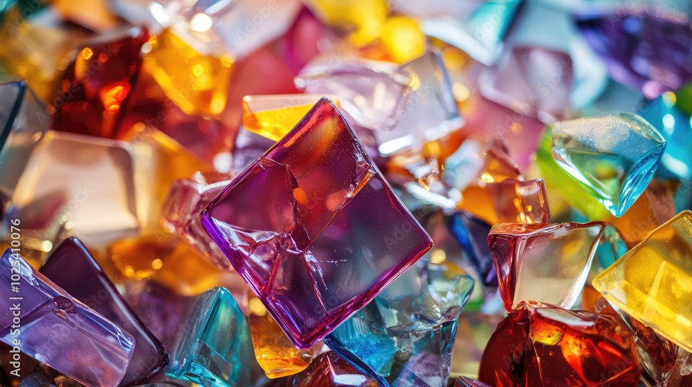 A macro view of colored glass fragments scattered on a surface, reflecting light in an explosion of shapes and colors A macro view of colored glass fragments scattered on a surface, reflecting light in an explosion of shapes and colors