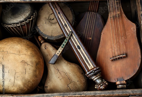 Musical Instruments Arrangement on Wooden Shelf - Metal Drum, Tambourine, Cello photo