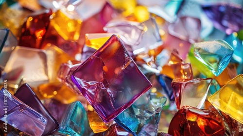 A macro view of colored glass fragments scattered on a surface, reflecting light in an explosion of shapes and colors